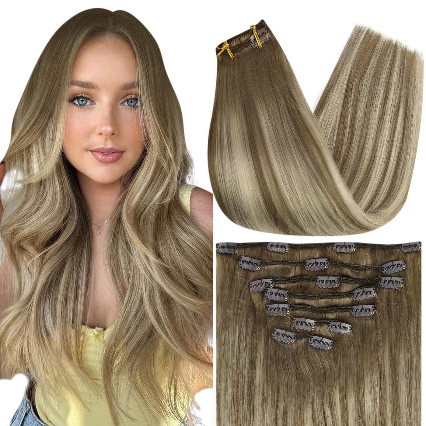 Full Shine Clip in Hair Extensions Human Hair Brown Balayage Hair Extensions Clip ins Real Human Hair Brown Ombre Platinum Blonde Clip in Extensions Straight 16 Inch 7 Pcs 120 G