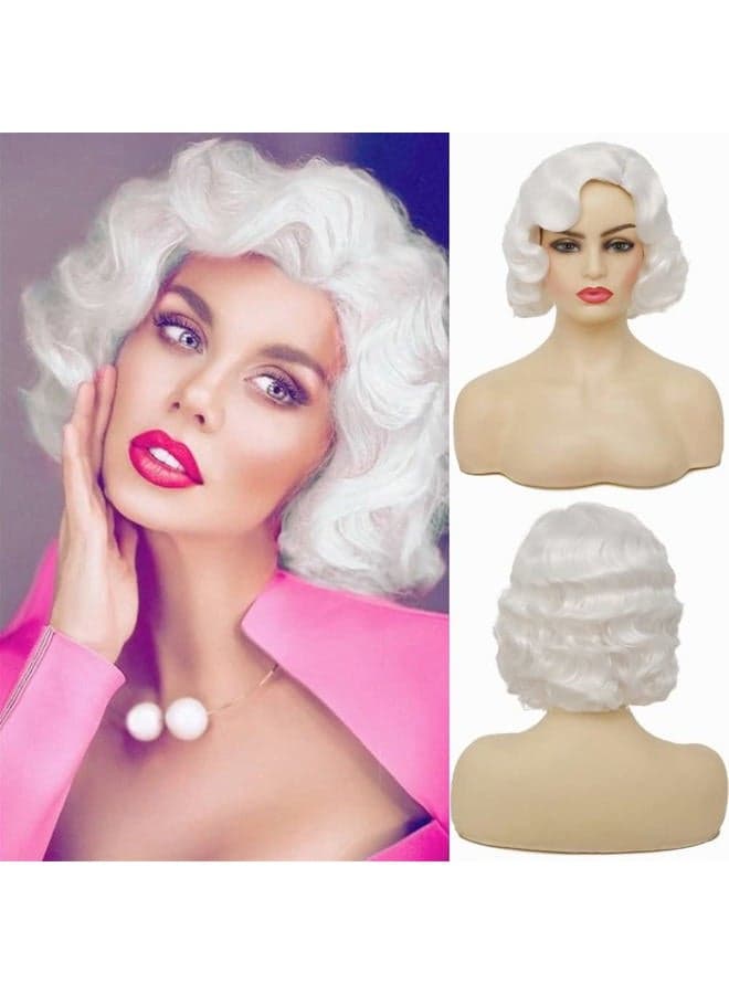 Short White Curly Finger Wave Wigs for Women 1920s Wig Vintage Synthetic Cosplay Costume Full Wig (White)