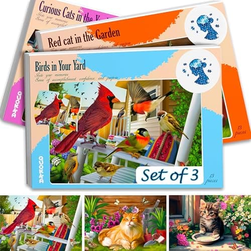 QUOKKA 13 Piece Dementia Activities for Adults 3 Set Dementia Puzzles for Elderly Large Piece Gifts Products for Seniors Alzheimers Jigsaw Puzzle Games for Adults with Birds and Cats