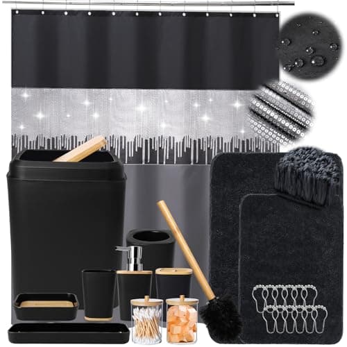 XLHOMO Bathroom Sets with Shower Curtain and Rugs,24PCS Black Bathroom Set Shower Curtain Set with Bathroom Trash Can Bathroom Accessories