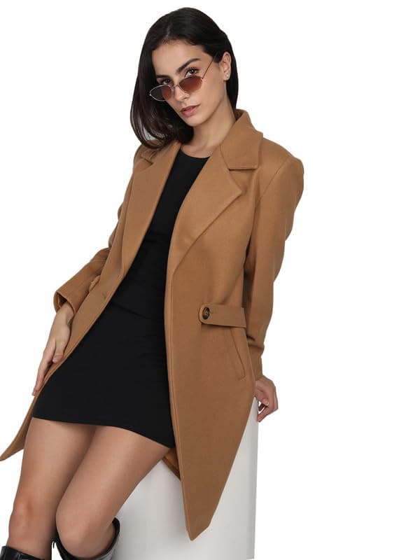 PLAGG Women Winter Wear Solid Long length Stylish Overcoat with wool blend and comfort fit