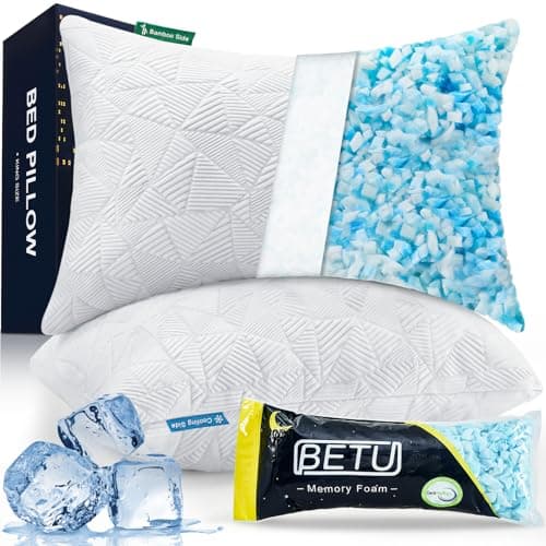 BETU Cooling Pillows Standard Size Set of 2 Shredded Memory Foam Standard Pillows Set of 2 for Hot Sleepers Adjustable Firm Soft Support Pillow for Side Back Stomach Sleeping White