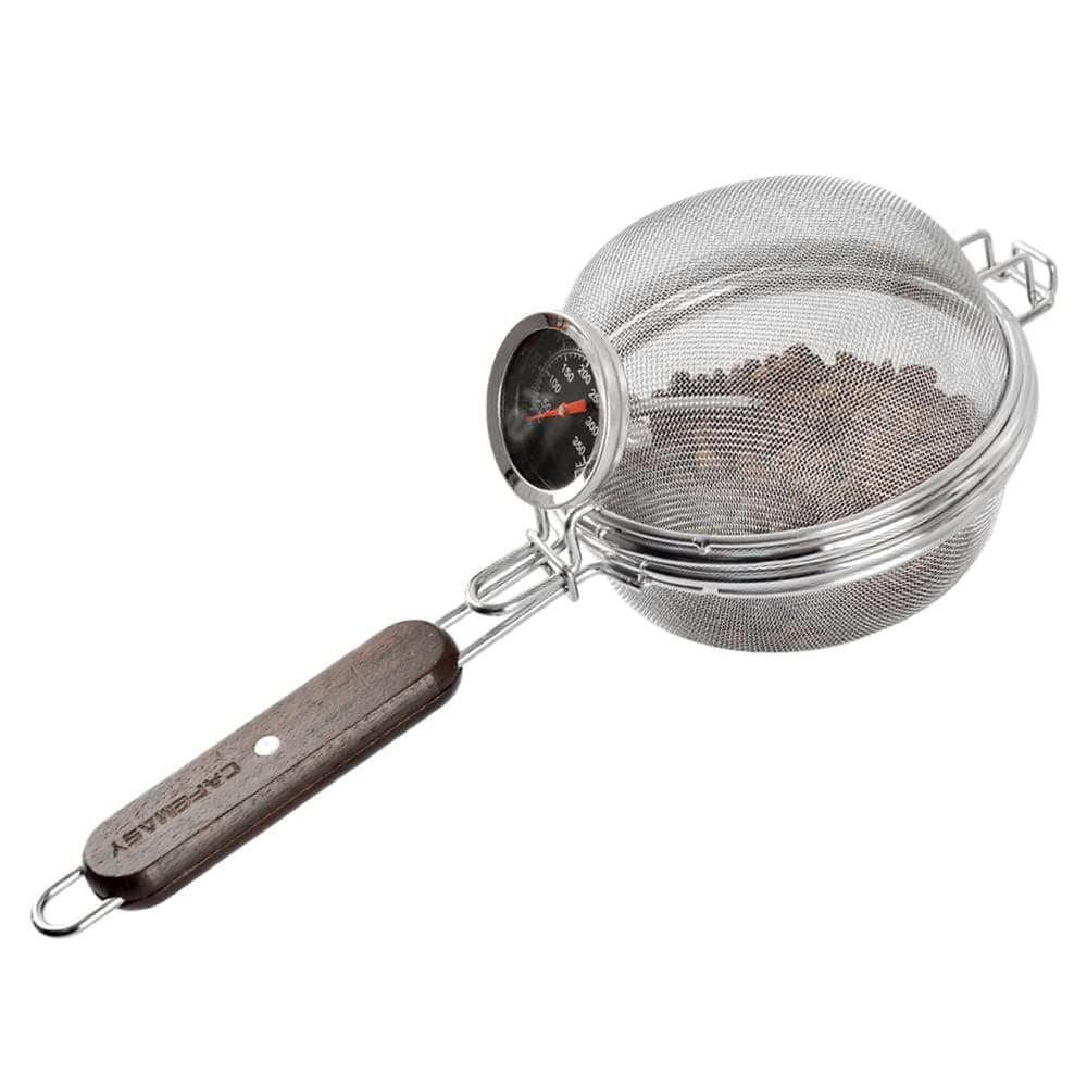 Home Coffee Bean Roaster Tool CAFEMASY Portable Stainless Steel Handy Coffee Roaster Mesh Pan Tool with Thermometer for Home Outdoor Coffee Beans Baking