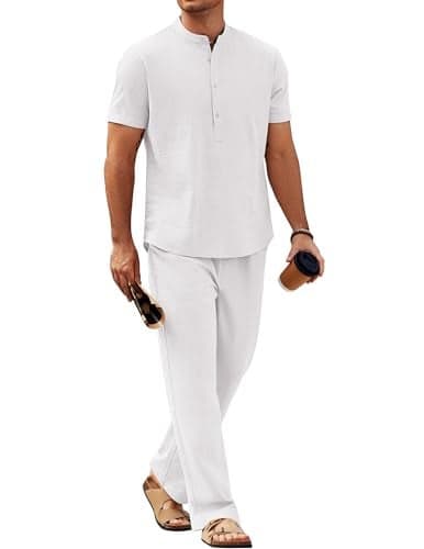 COOFANDY Men Linen Sets Outfits 2 Piece Casual Henley Shirts Casual Yoga Pants Set Hawaiian Beach Outfit White