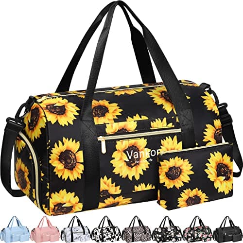 Gym Bag for Women with Shoe Compartment Waterproof, Sports Duffle Bag for Travel Duffel Weekender Carry on Beach Yoga Overnight Luggage Mommy Maternity Hospital Bag Sunflower 17.5 Inch