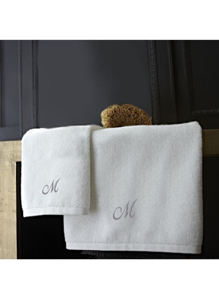 Embroidered For You (White) Luxury Monogrammed Towels (Set of 1 Hand & 1 Bath Towel) 100% Cotton, Highly Absorbent and Quick dry Bath Linen -600 Gsm (Silver Letter M)