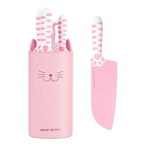 hecef Cute Kitchen Knife Set, Dishwasher Safe, 5-piece Non-Stcik Knives Set with Detachable Block and Scissors,Sharp for Chopping, Slicing, Dicing and Cutting (Pink)