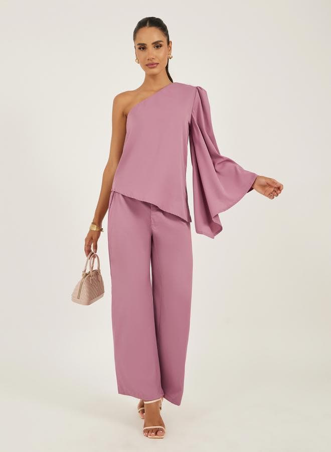 Pink One Shoulder Top and Flared Trousers Co-Ords