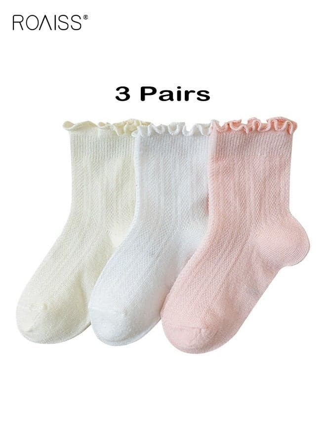 Girls 3 Pairs Mid-Calf Socks, Comfortable Mesh Socks Set, Anti-pilling Soft Socks with Ruffled Design, Stylish Middle Tube Socks for Girls, Suitable for Summer