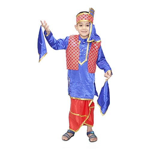 Kaku Fancy Dresses Polyester Indian State Punjabi Folk Dance Costume for Kids/Bhangda Gidda Dance Costume For Boys - Red & Blue, 7-8 Years