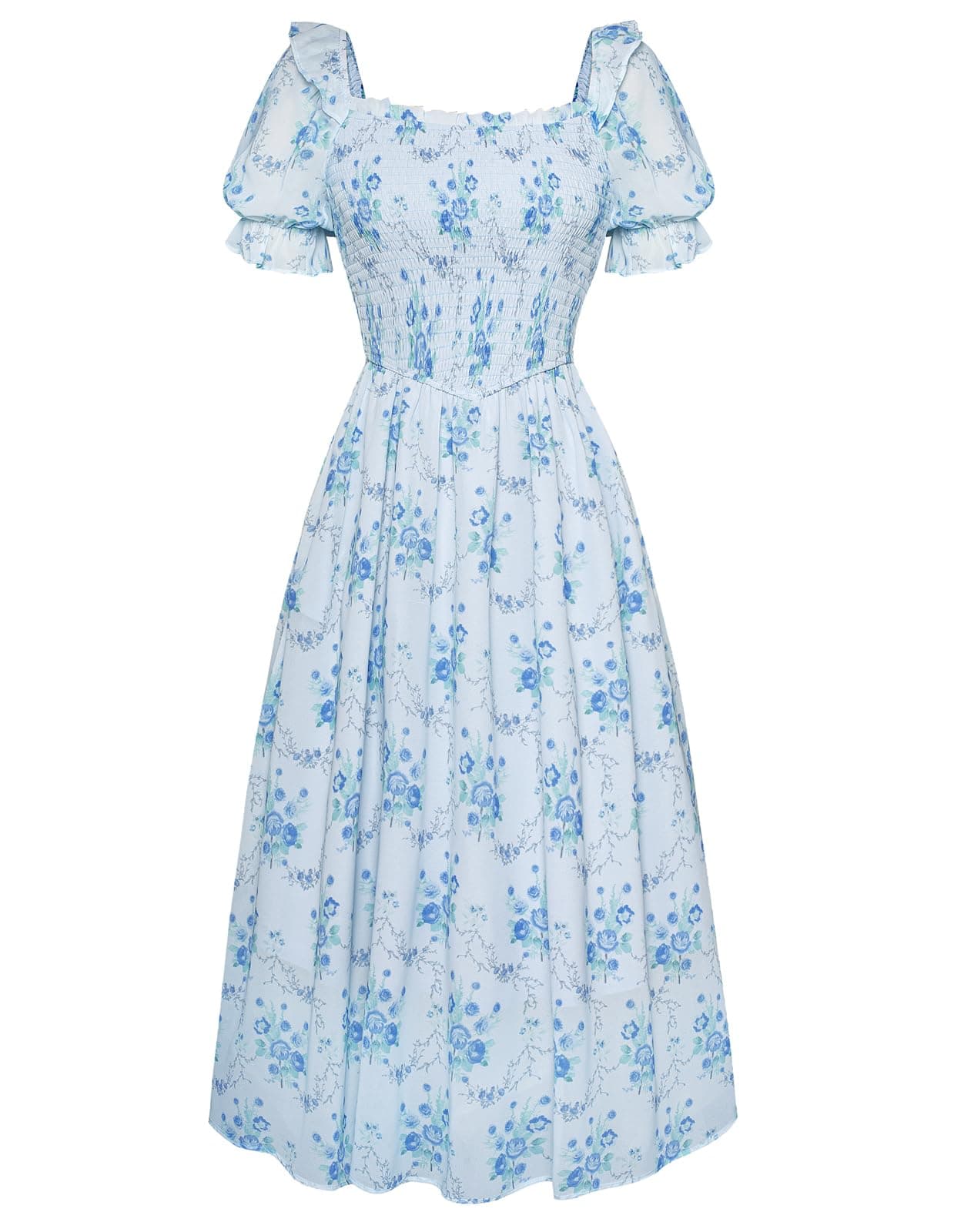 Womens Summer Dresses 2024 Casual Flowy Beach Square Neck Puff Short Sleeve Smocked Floral Midi Dress Rose Blue S