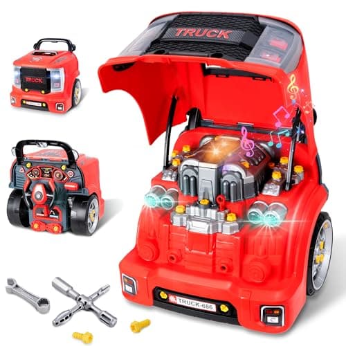 POFJOEQ Interactive Truck Engine Toy with Removable Parts Lights Sounds Aspiring Young Mechanic Set Spark Creativity Fine Motor Skills Perfect Car Toys Gift for Toddlers 35 Boys Red