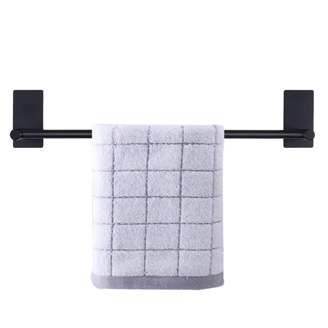 NearMoon Self Adhesive Bathroom Towel Bar Stainless Steel Bath Wall Shelf Rack Hanging Towel Stick On Sticky Hanger Contemporary Style NO Drilling 1 Pack Matte Black 16Inch Towel Rack