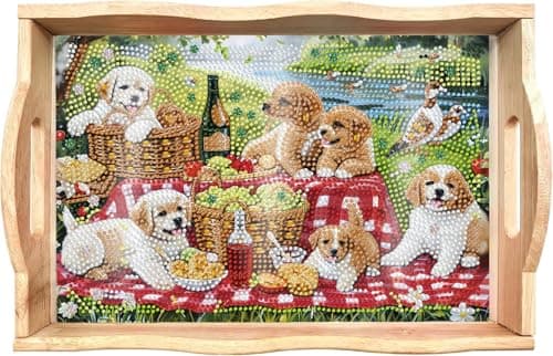 EWJRNSF Diamond Art Kits for Adults Wooden Serving Trays with Handles, 5D Diamond Painting Big Gem Arts and Craft Gifts Trays Decor Gift Home Decor 7.8x11.8 Inches Dog New