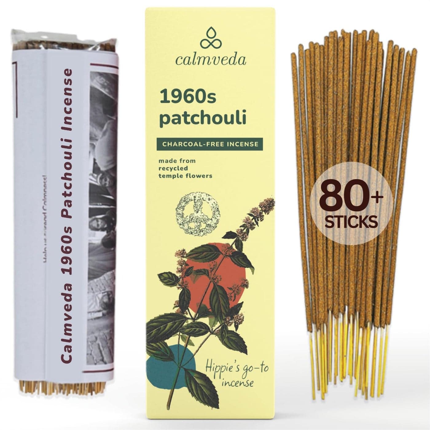1960s Patchouli Incense Sticks Pack 80 Sticks Charcoal Free Incense Made from Upcycled Flowers Organic Incense Sticks Non Toxic Relaxation Pachouli Incense for Calming