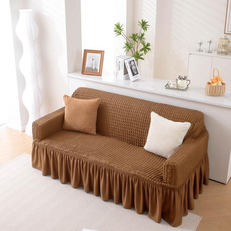 SHADES OF HOME -Stretchable Turkish Sofa Cover for 4 Seater Sofa, Bubble Fabric with Frill, Caramel