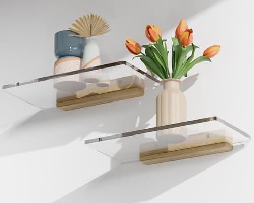 QsQueen Solid Wood Acrylic Floating Shelves Ideal for Wall Storage displaying Plants organizing Nail Polish and Perfume Perfect for bathrooms bedrooms and Living Rooms Enhancing Room Decor