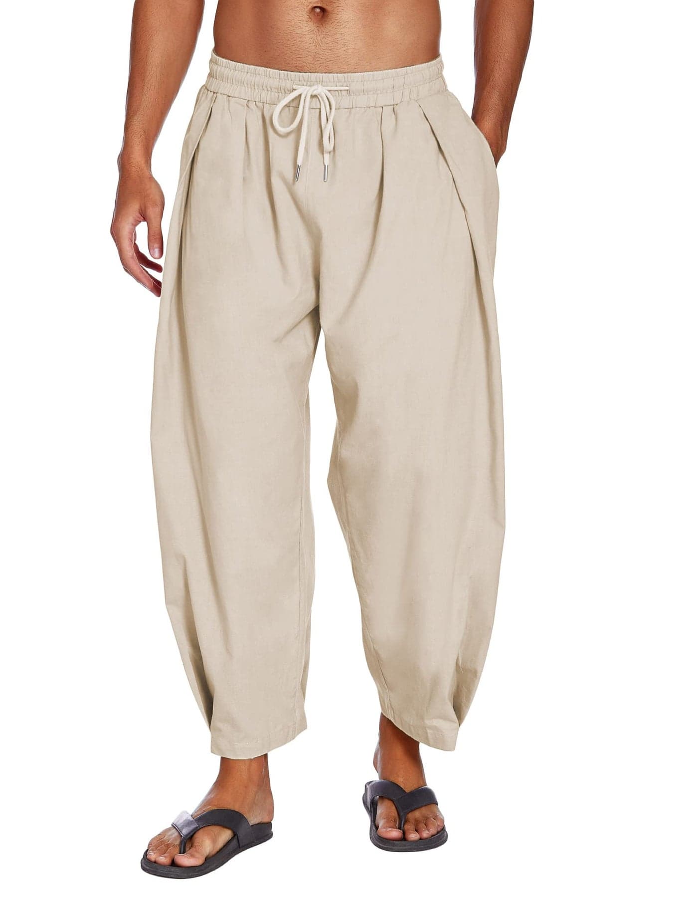 COOFANDY Men's Cotton Linen Harem Pants Drawstring Casual Cropped Trousers Lightweight Loose Beach Yoga Pants with Pockets Khaki