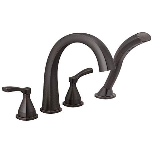 Delta Stryke Roman Tub Faucet with Hand Shower Oil Rubbed Bronze Deck Mount Bathtub Faucet Venetian Bronze T4777RB Valve Not Included
