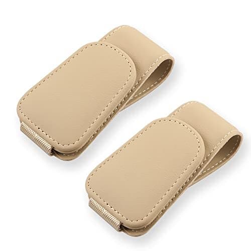 CMWWYFC 2Pcs Sunglass Holder for Car, Magnetic Leather Eyeglass Hanger Clip for Car Sun Visor, Sunglasses Holder and Ticket Card Clip for Car Visor Accessories (Beige)