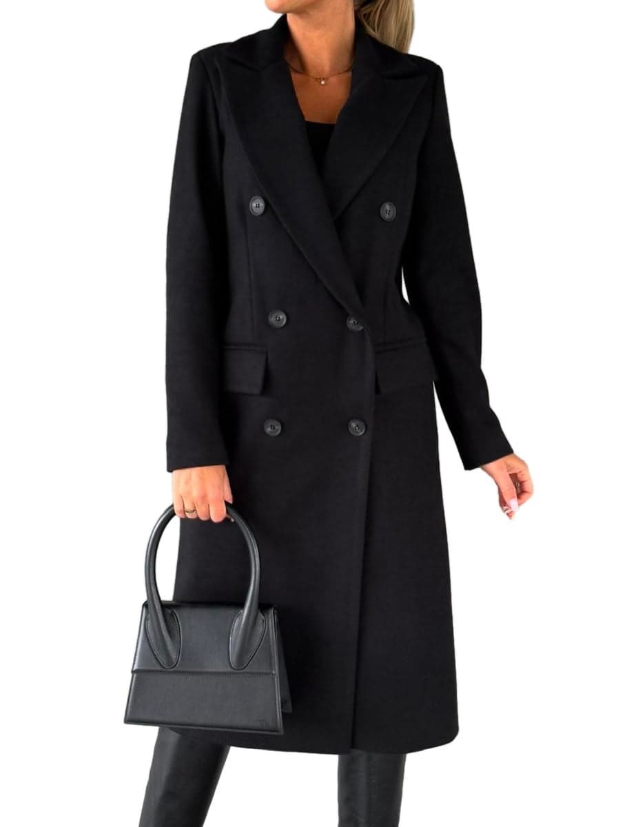 IDEALSANXUN Wool Coats for Women Fall Fashion Outfits 2025 Long Dress Ladies Double Breasted Trench Coat Warm Peacoat Jackets Winter Clothes, Black, M