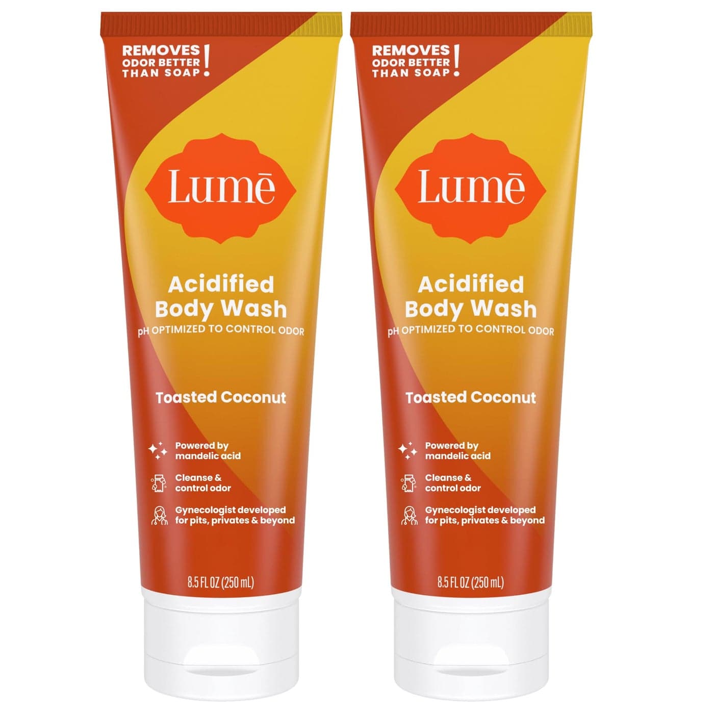 Lume Acidified Body Wash 24 Hour Odor Control Removes Odor Better than Soap Moisturizing Formula Formulated Without SLS or Parabens OBGYN Developed 85 ounce Pack of 2 Toasted Coconut