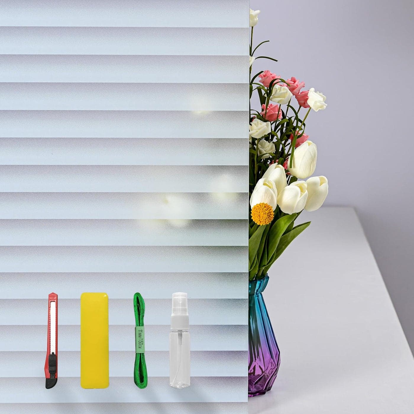 DERZGAO Window Privacy Film with Installation Tools Blinds Pattern Static Cling Anti UV Heat Control Ideal for Home Shower Office Glass Door Blinds Pattern 354X1574Inch