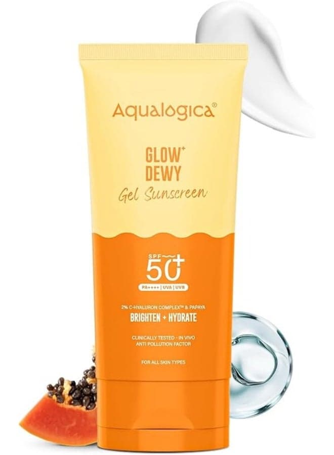 Aqualogica Glow+ Dwey Sunscreen Gel SPF 50+ PA++++ for Oily & Combination Skin | Broad Spectrum UVA/UVB & Blue Light Protection, Hydrating, Lightweight, Non-Sticky, No White Cast & Anti Pollution, 80g