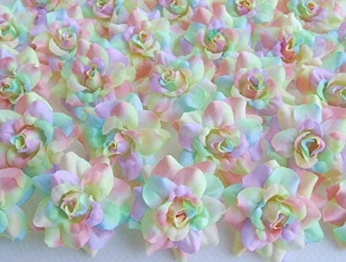 ICRAFY 50 Silk Rainbow Pastel Tones Roses Flower Head 175 Artificial Flowers Heads Fabric Floral Supplies Wholesale Lot for Wedding Flowers Accessories Make Bridal Hair Clips Headbands Dress