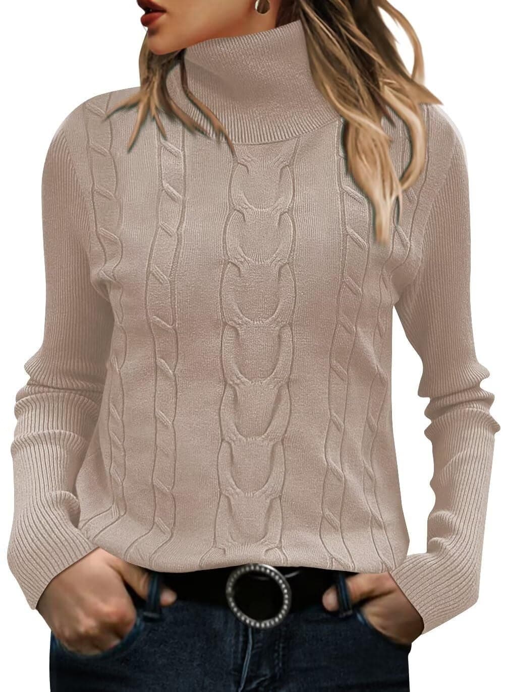 FEKOAFE Women's Long Sleeve Lightweight Cable Knit Women Turtleneck Sweater for Women 2025 Fall Beige-S