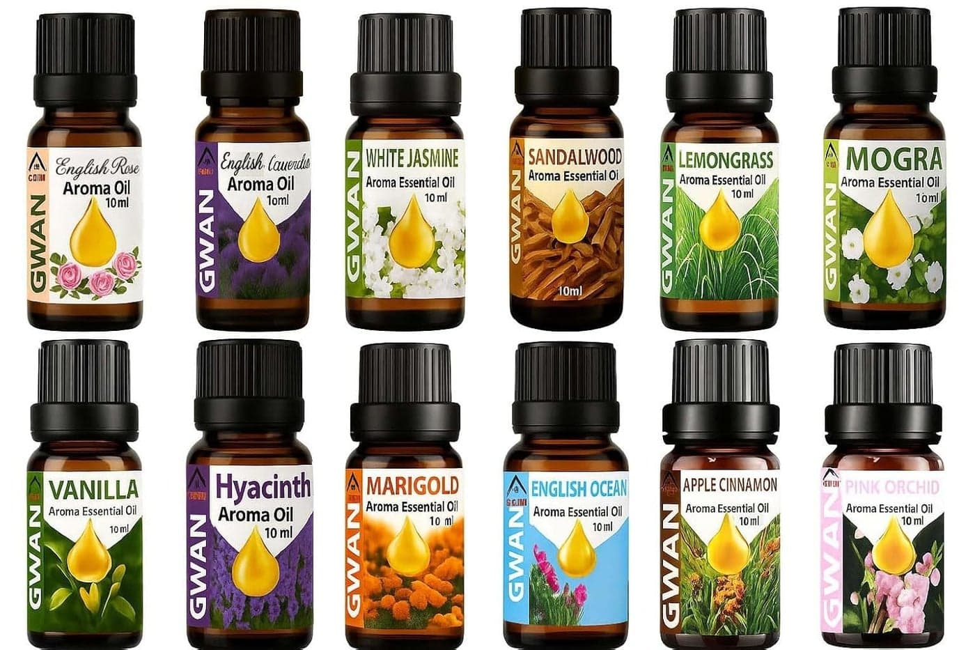 Gwan Aroma Essential Oil English Rose, English Lavender, White jasmine,SandalWood, LemonGrass, Mogra, Vanilla, Hyacinth, Marigold, English ocean, Apple Cinnamon , Pink Orchid , No Chemicals 10ml Each - (Set of 12)