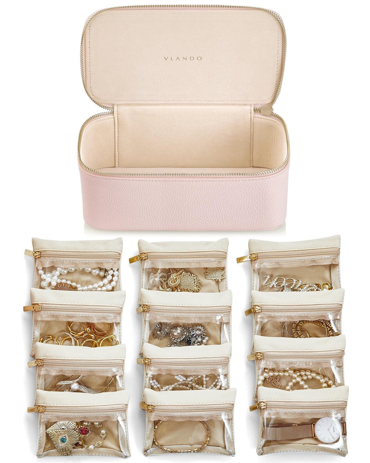 Vlando Jewelry Box Organzier for Travel,12 Pcs Velvet Jewelry Bags,Faux Leather Jewelry Case for Earrings Necklace Rings,Valentine's Day,Birthday, Wedding, Christmas gift. Pink