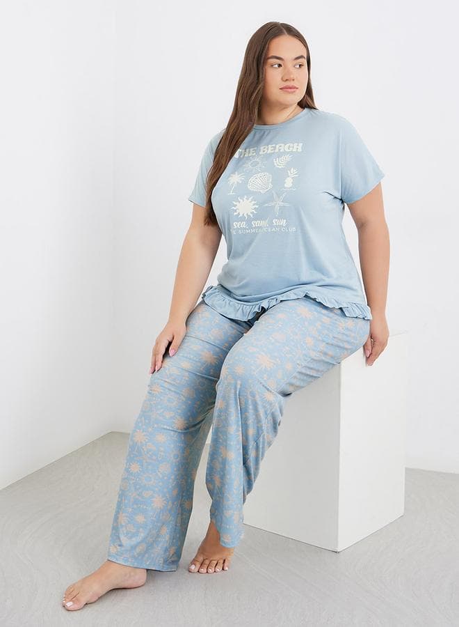 Plus Beach Graphics Ruffle Hem T-Shirt and Pyjama Set