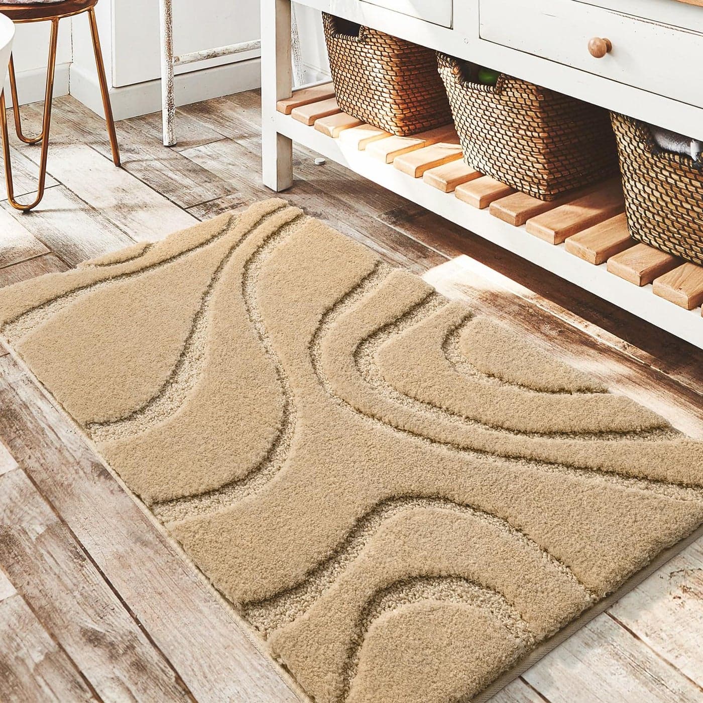DEXDE Bathroom Rugs Mat Soft Plush Shaggy Microfiber Bath Rug Non Slip Bath Mats for Bathroom Floor Machine Washable Absorbent Carpet for Shower Tub Beige 20x32