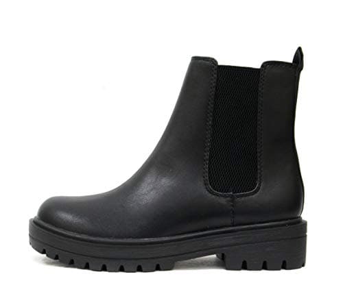 Soda Pilot ~ Women Lug Sole Low Heel Chelsea Fashion Ankle Bootie w/Double Elastic Gore (Black, 8)