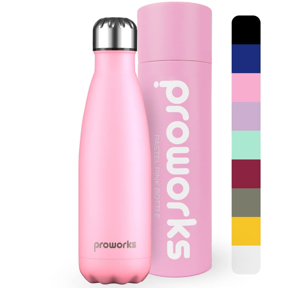 Proworks Performance Stainless Steel Sports Water Bottle Double Insulated Vacuum Flask for 12 Hours Hot 24 Hours Cold Drinks for Home Work Gym Travel 1 Litre BPA Free Pastel Pink