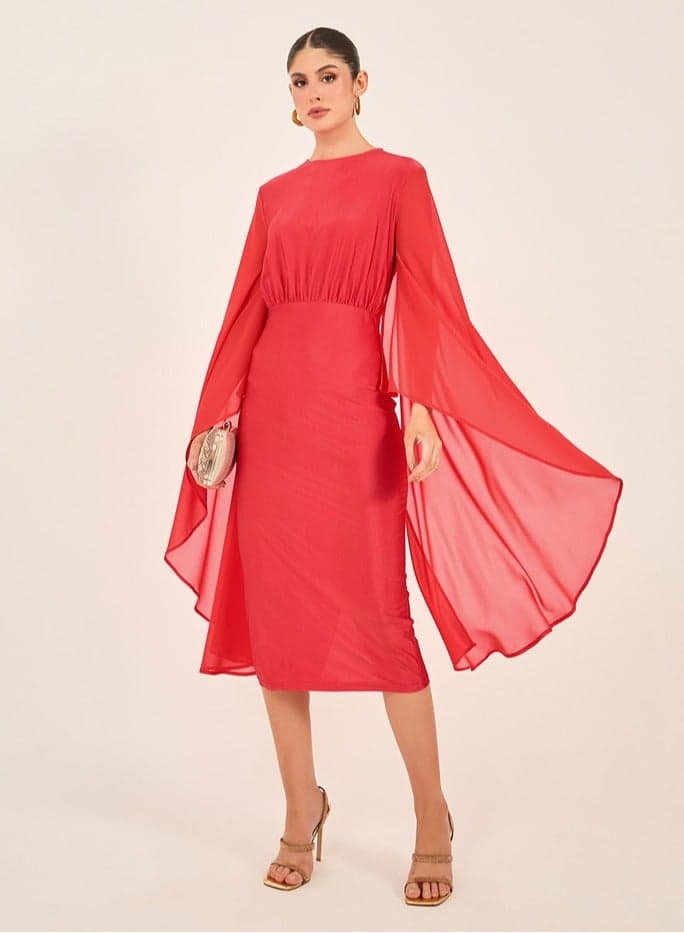 Plain Cape Sleeves Round Neck Midi Dress
