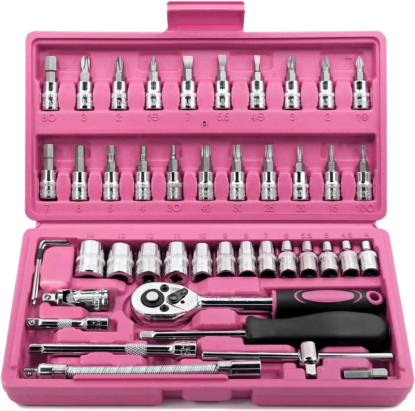 Egofine 46 Pieces 1/4 inch Drive Socket Ratchet Wrench Set, with Bit Socket Set Metric and Extension Bar for Auto Repairing and Household, with Pink Storage Case