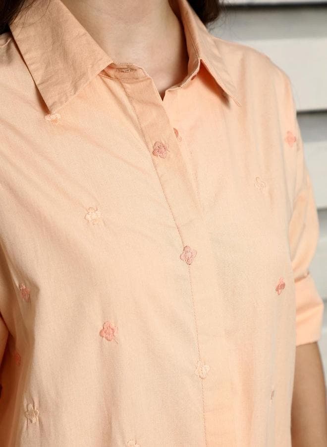 Women's Apricot 100% Cotton Embroidered Button Down Oversized Shirt