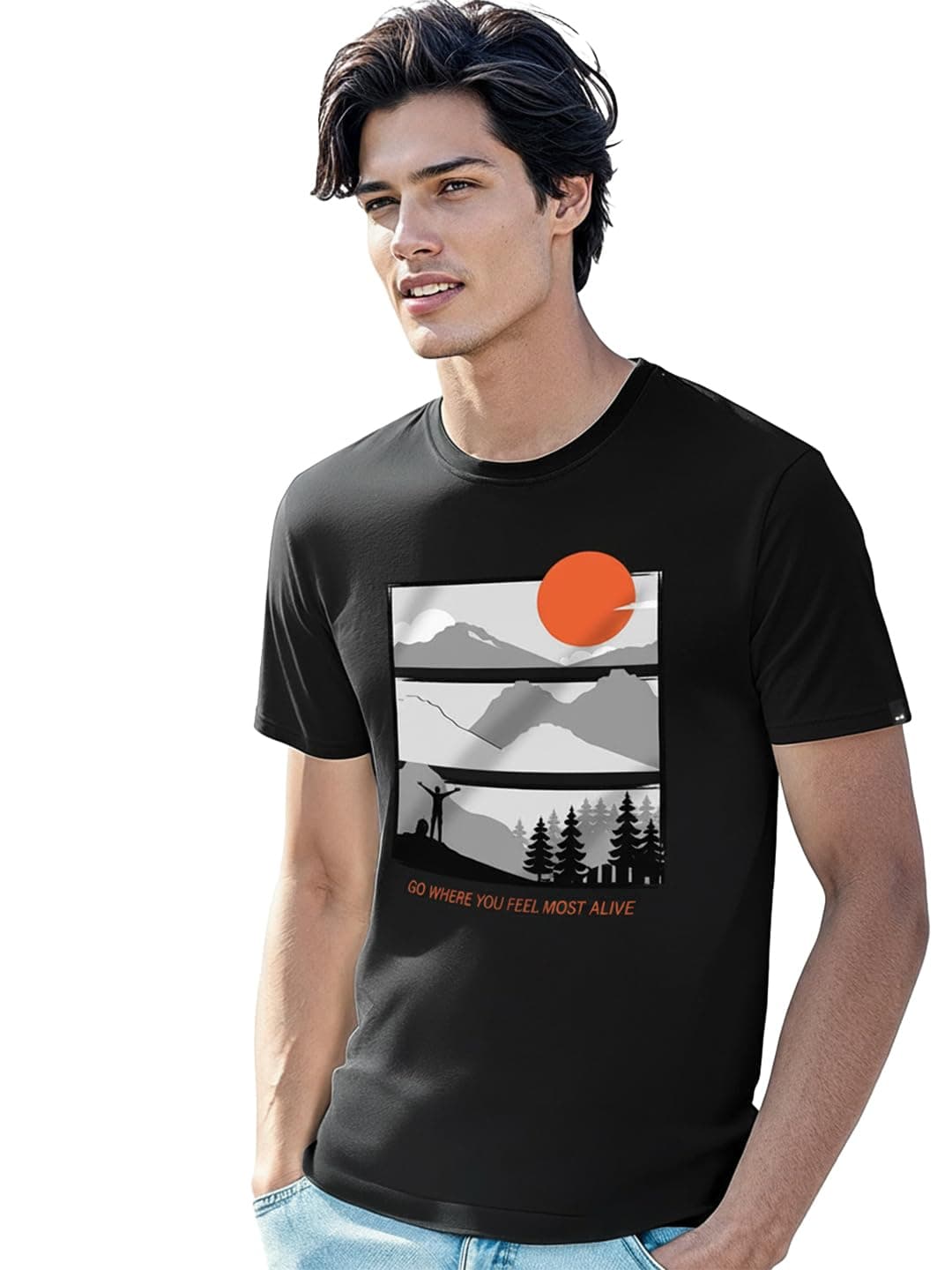 Bewakoof Men's Feel Most Alive Printed 100% Cotton T-Shirt - Regular Fit, Round Neck, Half Sleeves Black
