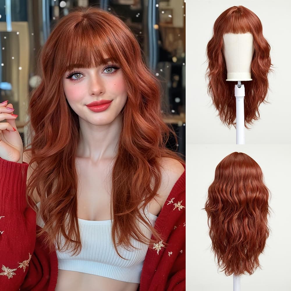 Esmee Long Wavy Wine Copper Red Wigs for Women Natural Synthetic Hair Heat Resistant Wigs with Bangs for Daily Party Cosplay Use Burgundy 24 Inches