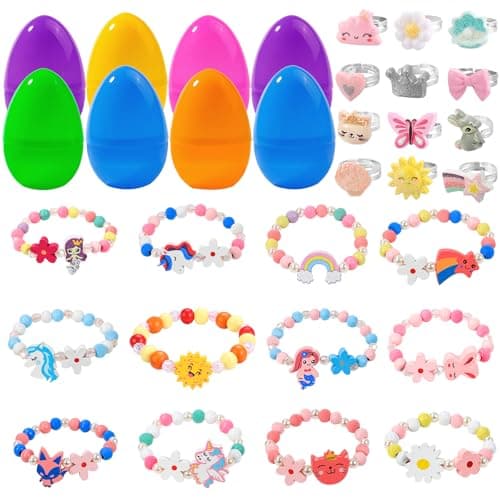 Vellibring 12 Pack Prefilled Easter Eggs with 24pcs Bracelets Rings Easter Basket Stuffers Egg Fillers for Girls Party Favors Kids Toddler Easter Presents