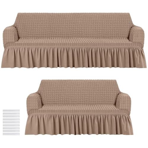 Fanfanwin 2 Pcs Sofa Slipcover Set for Couch Cushion Couch Cover with Skirt Durable Washable High Elastic Stretchable Furniture Covers for Sofa Loveseat Arm Chair (Khaki)