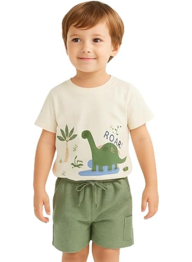 Dinosaur Print T-Shirt and Shorts Set for Boys | 6-7 Years 100% Cotton Cream Top with Green Ribbed Bottoms | Casual ROAR Design Outfit