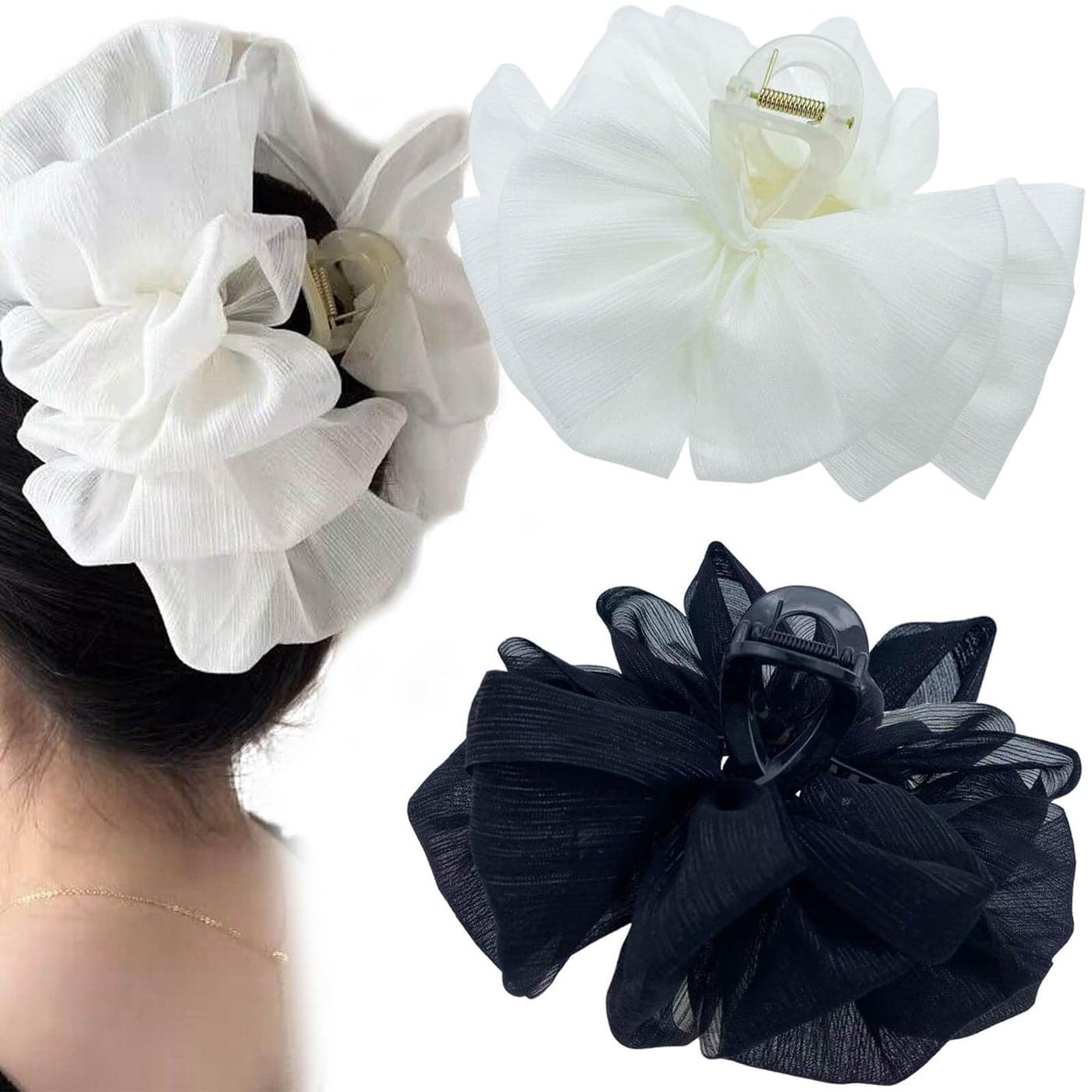 2 PCS Chiffon Silk Hair Claw Clips Large Bubble Hair Jaw Clips Bows Hair Clips Nonslip French Barrtette Hair Accessories for Women Girls