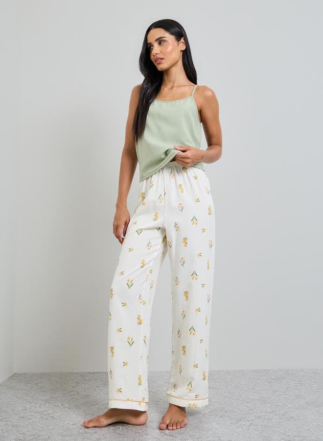 Solid Cami and Floral Print Pyjama Set