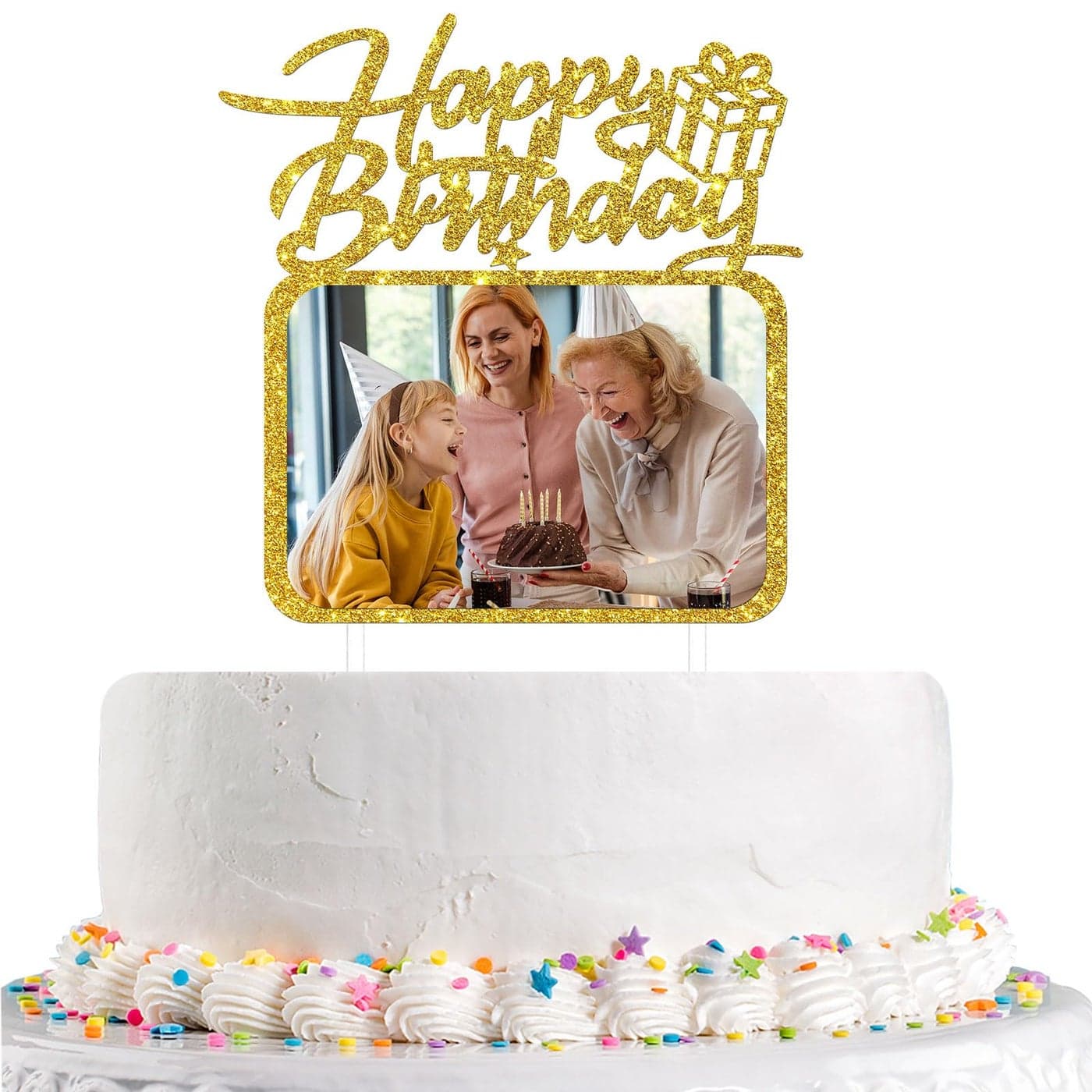 Happy Birthday Cake Topper with Photo Frame Girl Boy Woman Man Birthday Photo Picture Cake Topper Anniversary Party Cake Decorations Gold Glitter