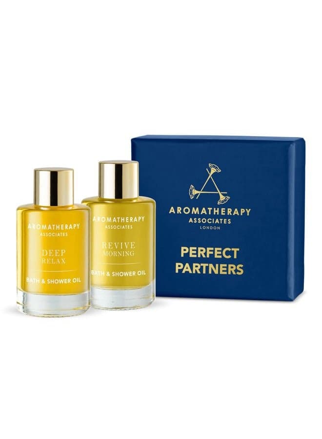 Perfect Partners Gift Set. 2 Premium Bath and Shower Oils (0.3 fl oz each) in Decorative Gift Box. Includes Deep Relax and Revive Morning Blends