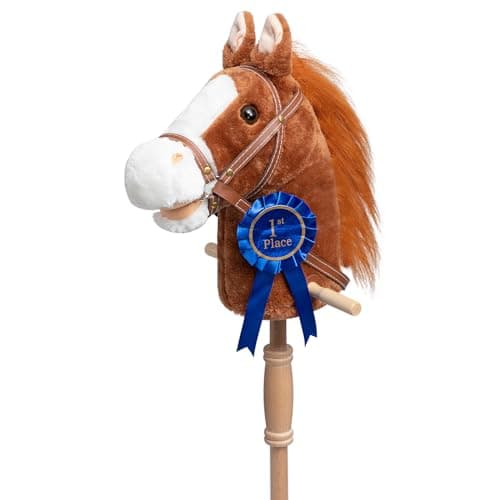 HollyHOME Stick Horse Plush with Detachable Blue Ribbon Champion Hobby Horse on Stick with Wood Wheels Real Pony Neighing and Galloping Sounds for Kids Toddlers Brown 36 InchesAA Batteries Required
