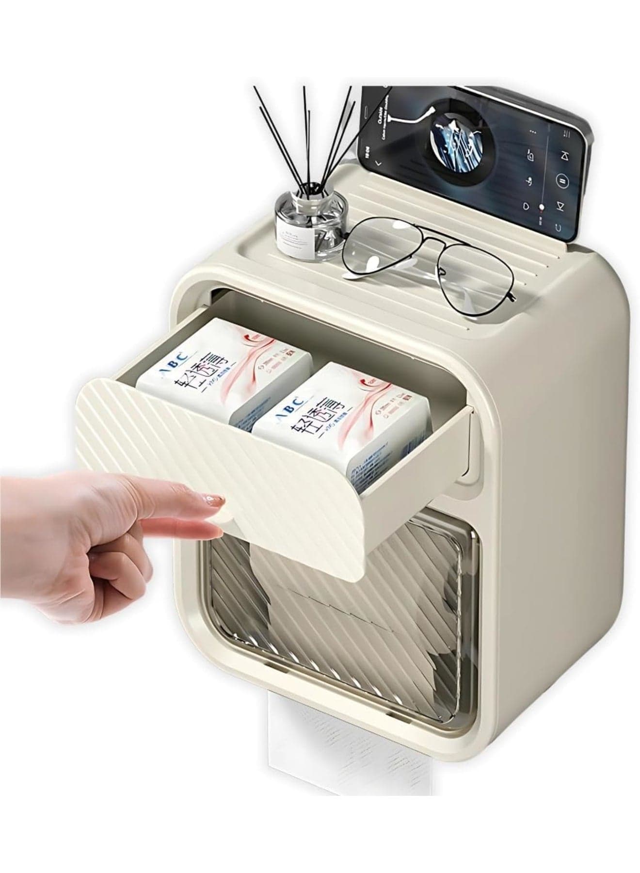 Toilet Paper Holder, Wall-Mounted Tissue Dispenser with Waterproof Storage Box, Bathroom Organizer for Small Spaces, Large Roll Capacity with Cover, Easy to Install, No Drill (White)